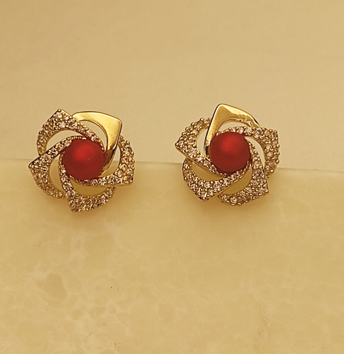 124 Gold and Red Flower Studs